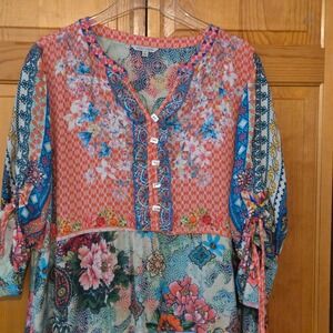 John Mark Dress Bohemian Floral Print Mixed Media V Neck Women's Size L